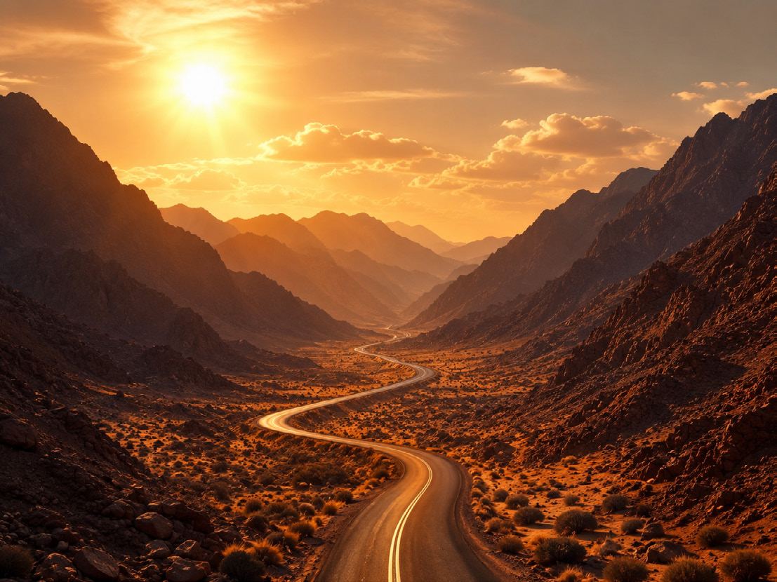 A desert road winding through mountain valleys toward a low sun